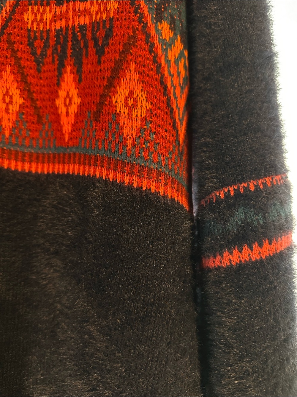 ModCloth Navy Blue Fuzzy Sweater with Red and Orange Fair Isle Yoke
